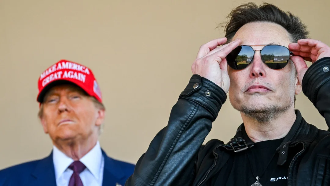 elon looking cool in a leather jacket and aviator shades while donald trump looks on